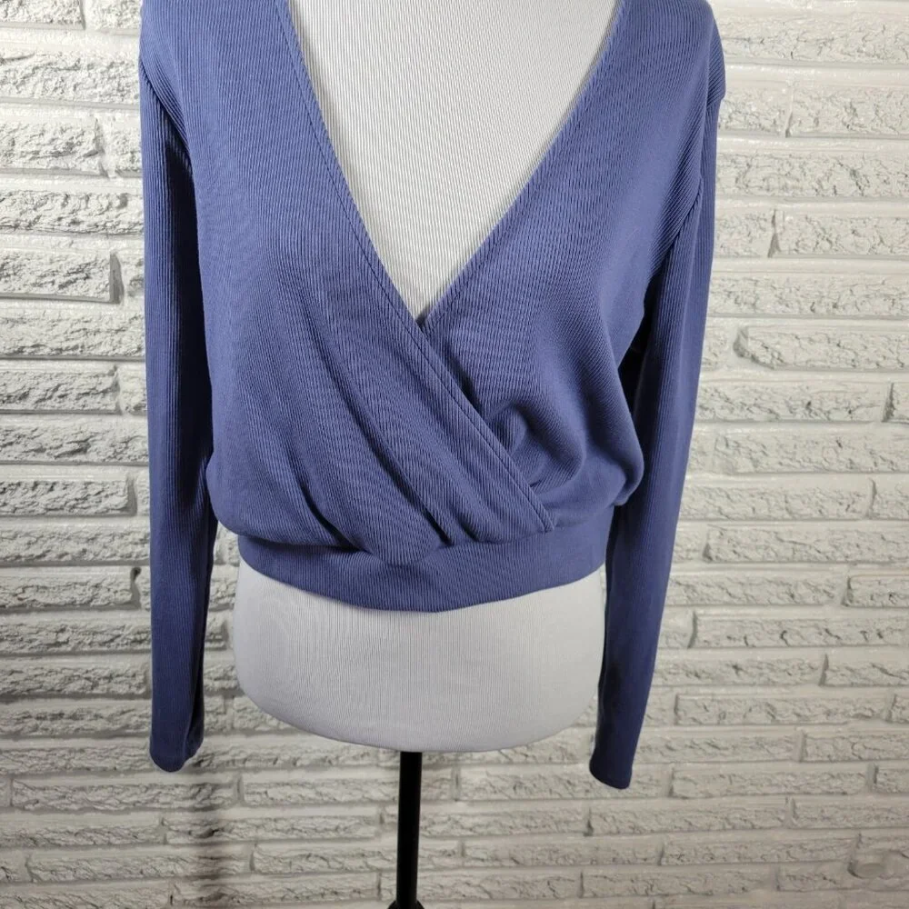 Forever 21 Women 0X Blue Sweater V Neck Cotton Blend Knit Long Sleeve BLU156E